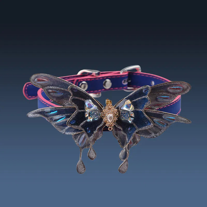 Temperature change butterfly rhinestone decoration collar with colour-changing PU material and alloy pendant