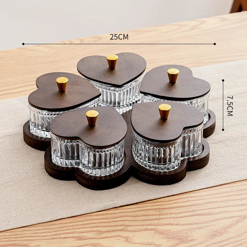 Transparent glass fruit platter with heart-shaped lid in 2-grid, 3-grid, 4-grid, and 5-grid tray options.