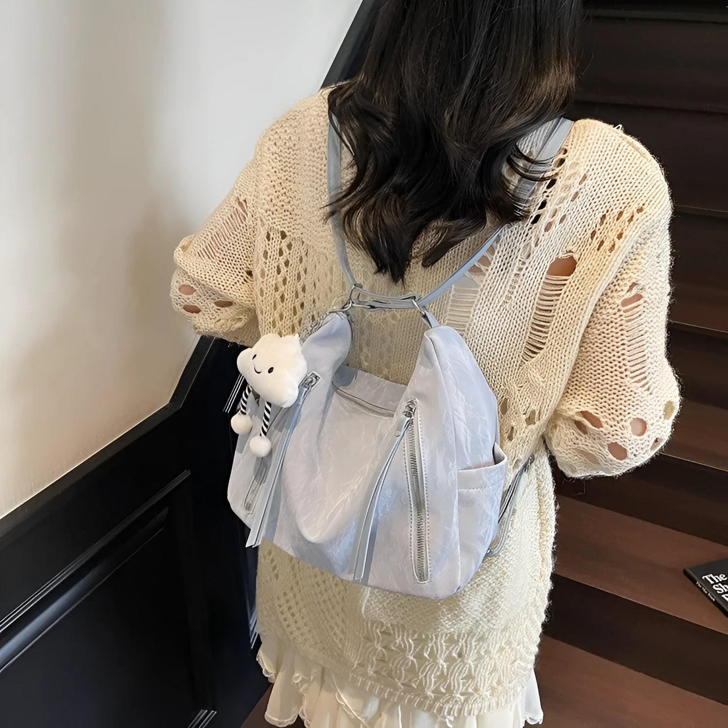 Women's soft PU backpack shoulder bag with pendant accessory in multiple colour options