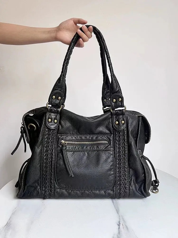Women's retro messenger bag in soft PU with weaving decoration and single shoulder strap
