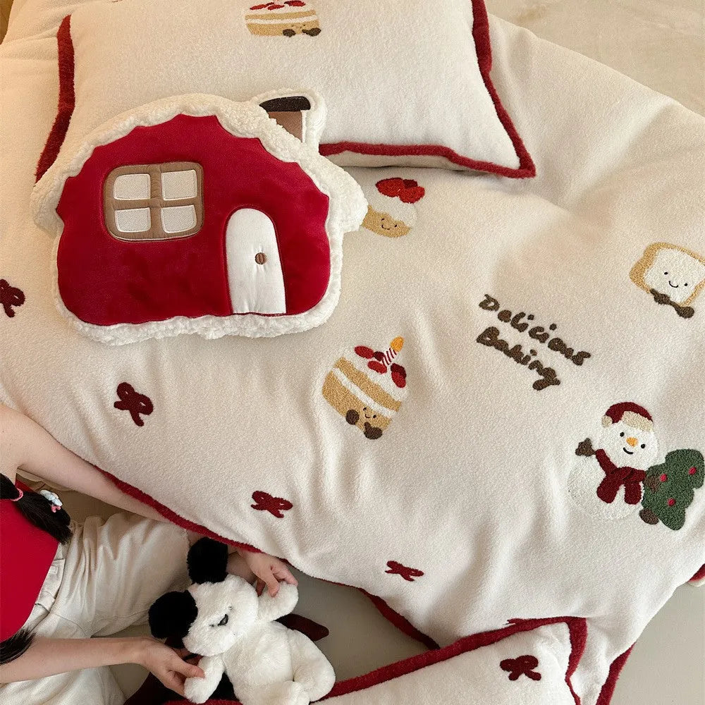 Winter Christmas cartoon four-piece bedding set with bed sheet, duvet cover, and pillowcases in polyester material