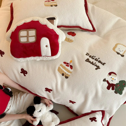 Winter Christmas cartoon four-piece bedding set with bed sheet, duvet cover, and pillowcases in polyester material