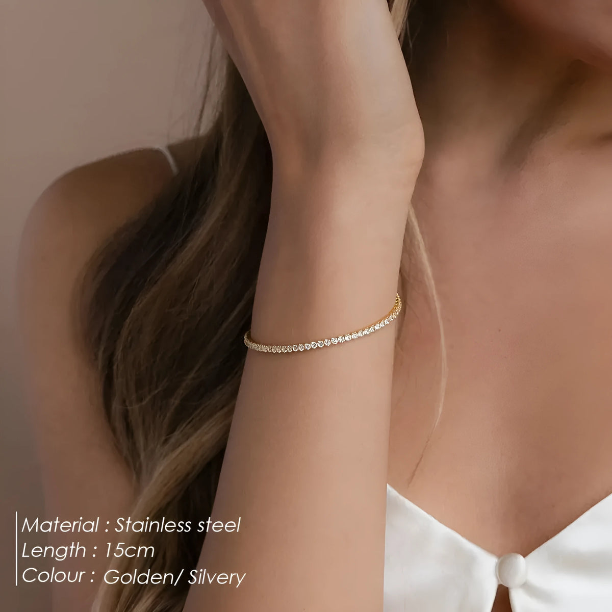Single row round zircon tennis bracelet in stainless steel with rhinestone, 18K gold or steel colour
