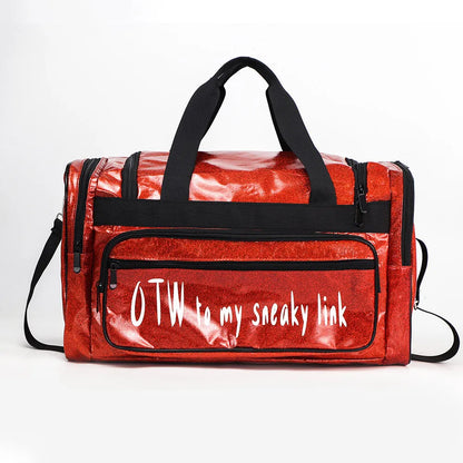 PU leather large sports handbag in blue with dimensions 48x26x22cm showing interior organisation