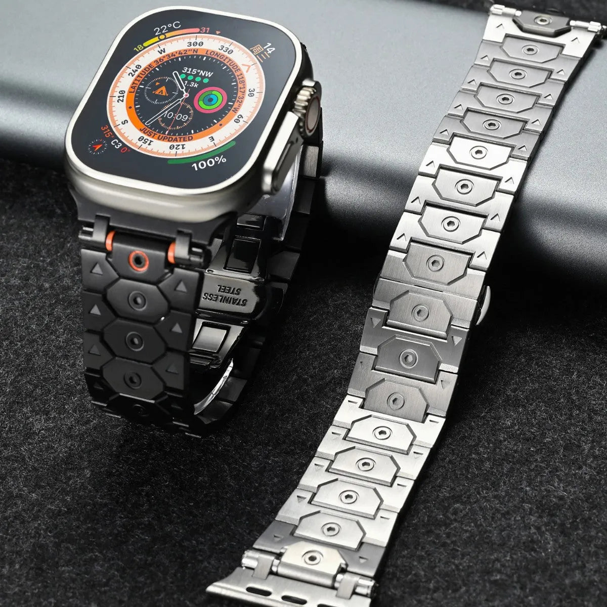 Stainless steel mesh watch strap shown in silver, compatible with iPhone watches, with adjustable clasp.