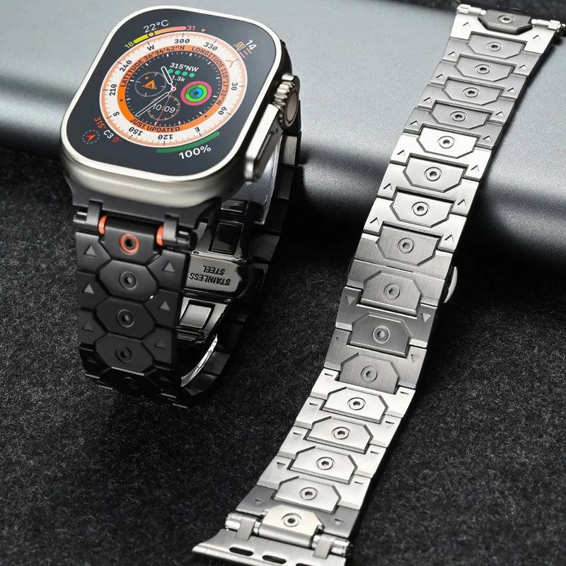 Replacement watchband stainless steel mesh strap available in 42mm 44mm 45mm 46mm 49mm sizes compatible with iPhone watch models silver black titanium silver gold silver orange colour options