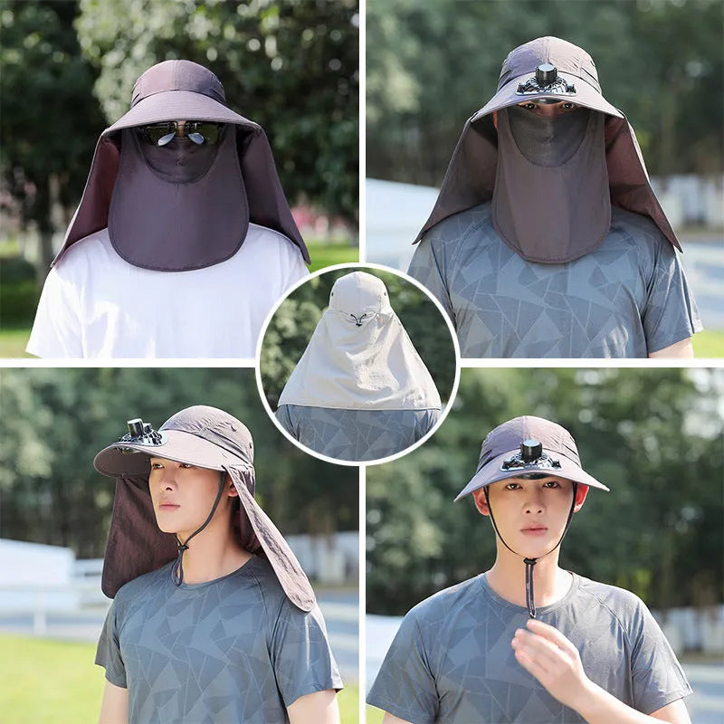Men's khaki sun hat with built-in cooling fan and attached face covering neck shawl for outdoor protection.