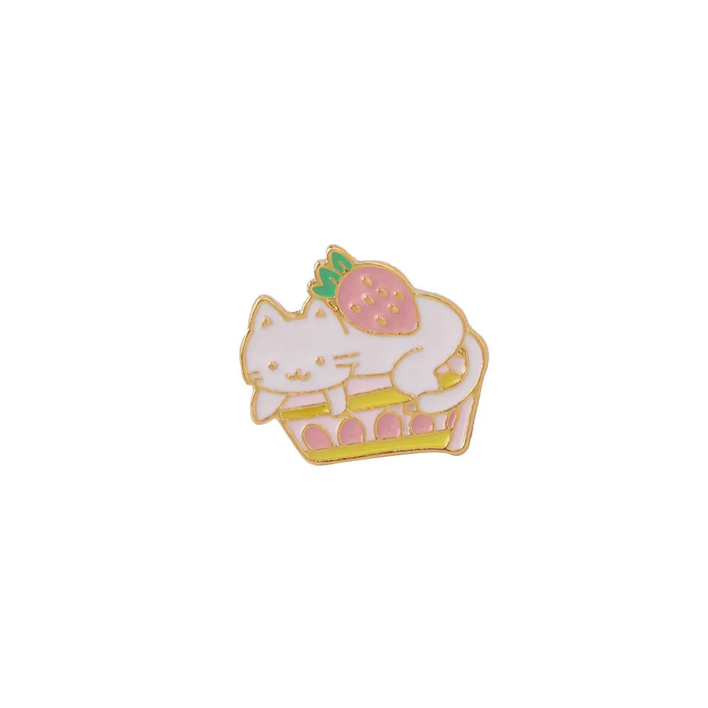 Alloy cat brooch with strawberry cake and dripping oil design in enamel colours
