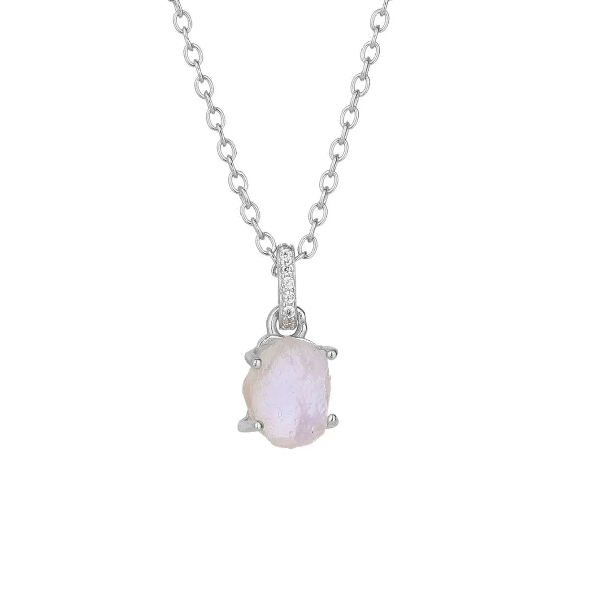Geometric crystal moonstone pendant on an adjustable sterling silver necklace chain.