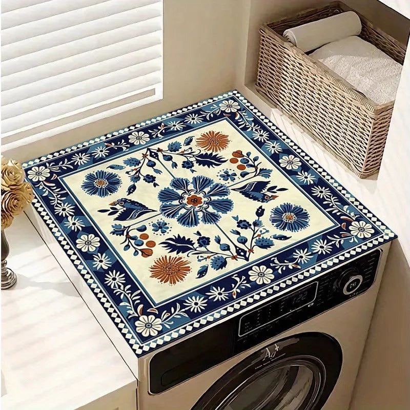 Square polyester washing machine mat with an abstract printed pattern, shown in one of eight available styles.
