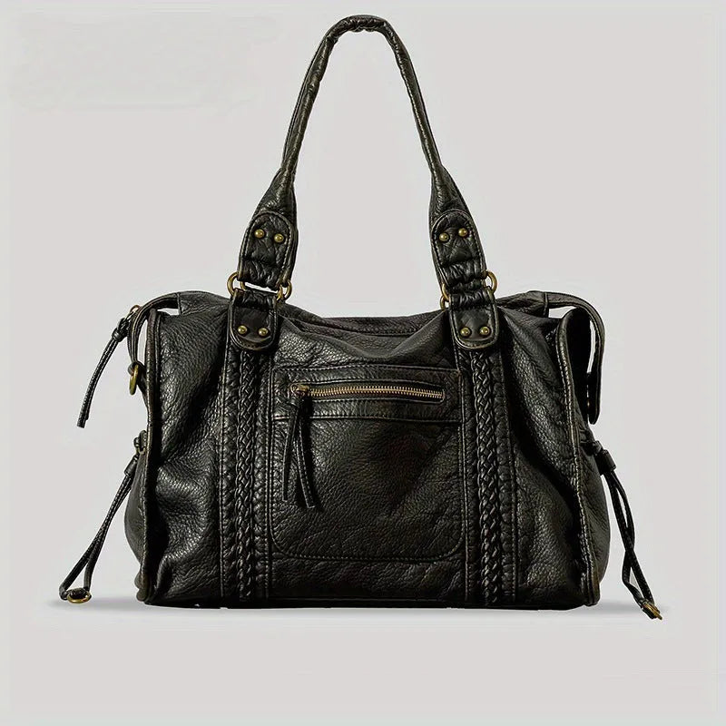 Women's messenger bag in soft PU material with European retro motorcycle styling and single shoulder strap, featuring bright black gold edge or brown colour options, weaving elements, and interior organisation with zip compartments for daily matching use