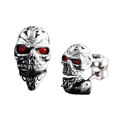 Retro red eye ghost head skull stud earrings with electroplated alloy construction and artificial gemstone inlay