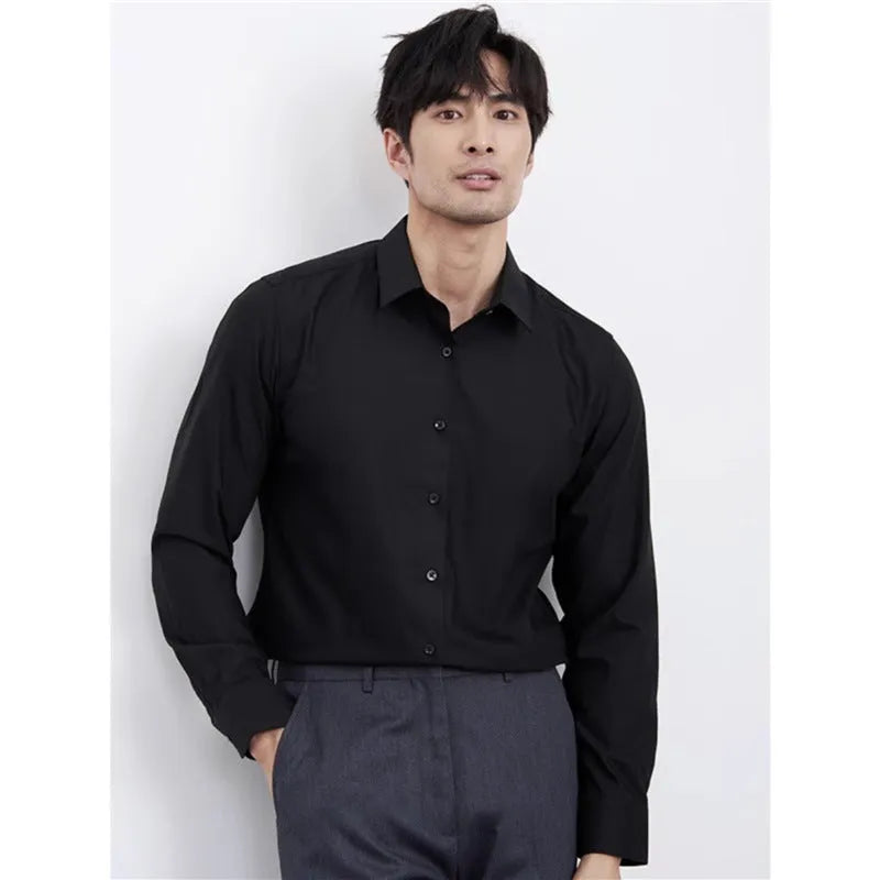 Wine red men's slim fit business shirt with long sleeves and non-ironing polyester blend fabric