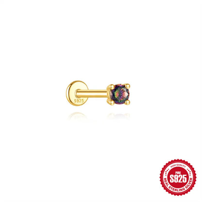 Sterling silver flat head thread piercing earrings with geometric shape and rainbow stone detail