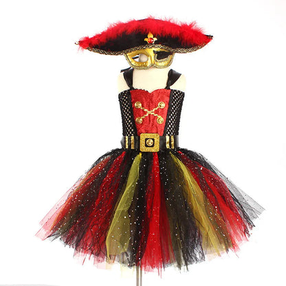 Girls sleeveless pirate costume dress with sequins, lace, and mesh on a pirate skirt design.