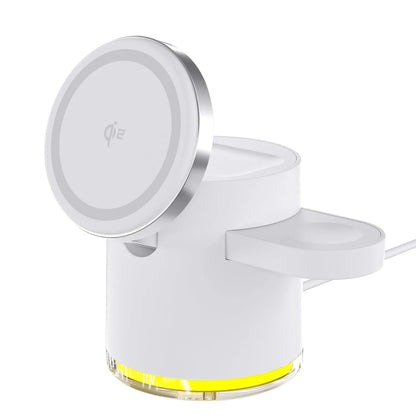 Black C16 magnetic folding wireless charger showing iPhone, Apple Watch, and AirPods placed on its three charging pads.