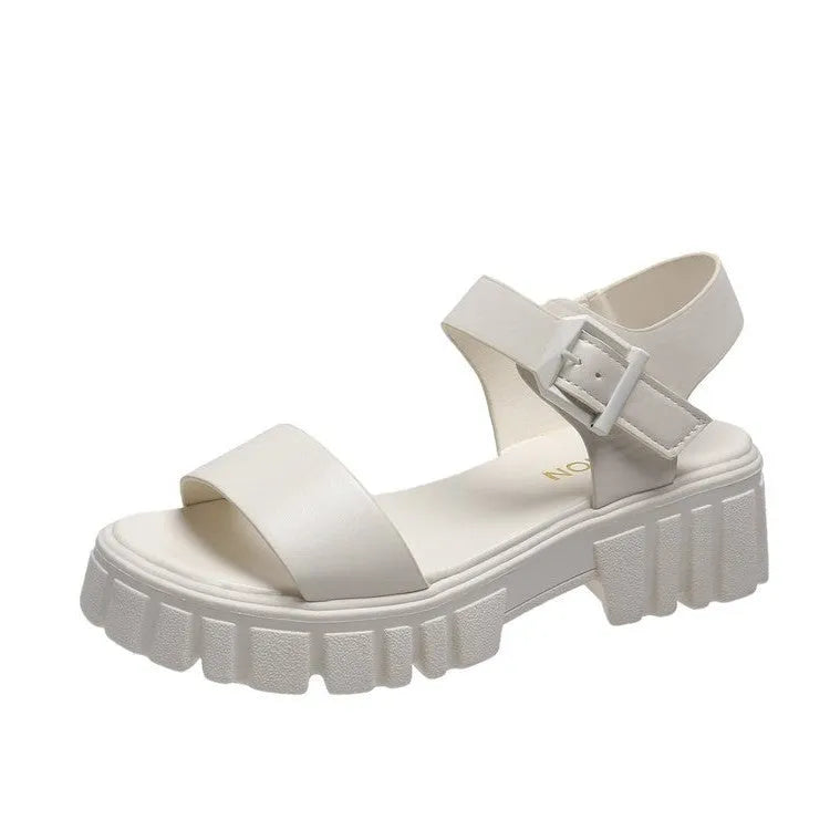 Women's beige peep toe ankle-strap sandals with buckle fastening and platform sole