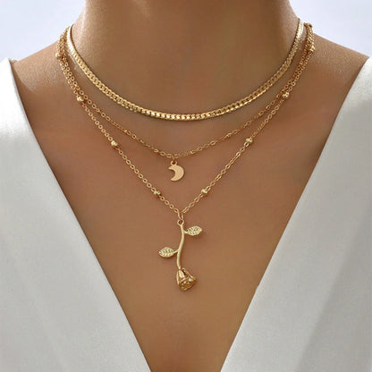 Bohemian multilayer gold pendant necklace with rose flower design on adjustable chain