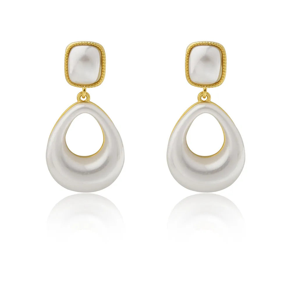 Gold drop earrings with imitation mabe pearl component and 14K gold plating