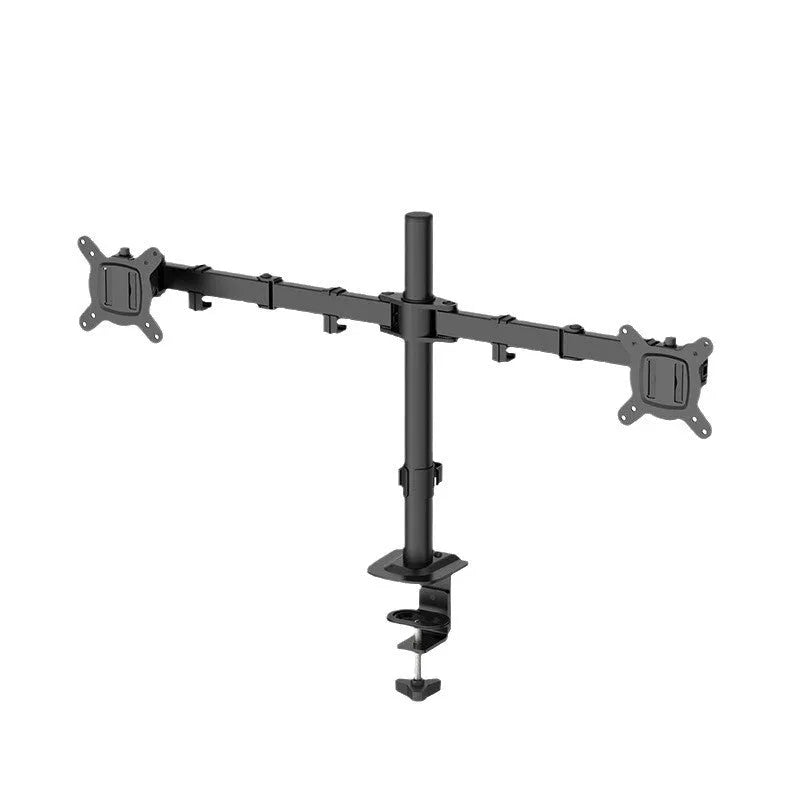 Silver computer monitor lifting rotating arm bracket mounted with a black screen on a desk