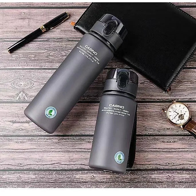 PC sports water bottle with lanyard in frosted finish colours showing leak-proof seal