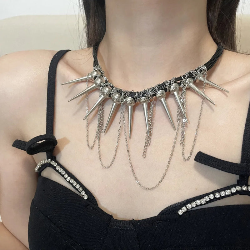 Rivet round beads winding tassel necklace in casual style for women, featuring electroplated finish and leather material with point rivet decorative elements, picture colour design for everyday wear, single necklace accessory