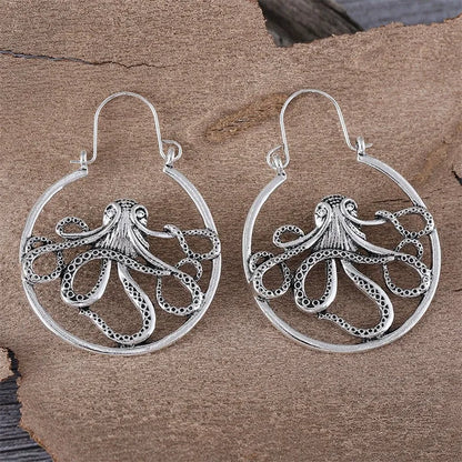 Vintage antique silver octopus earrings made from zinc alloy for unisex wear.