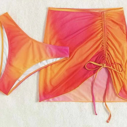 Orange and purple gradient print women's three-piece swimsuit with loop buckle hollow suspender design