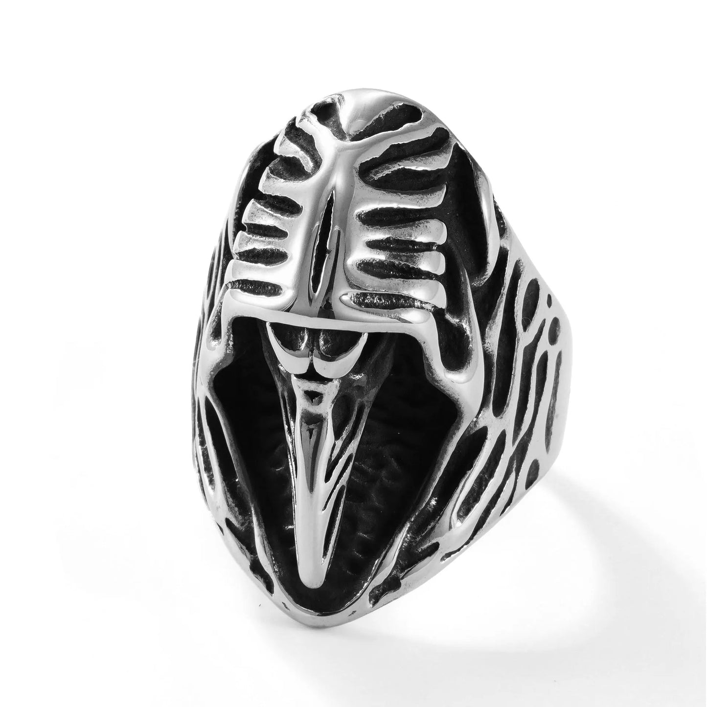 Crow motif stainless steel punk ring in geometric retro style with MR166 colour finish