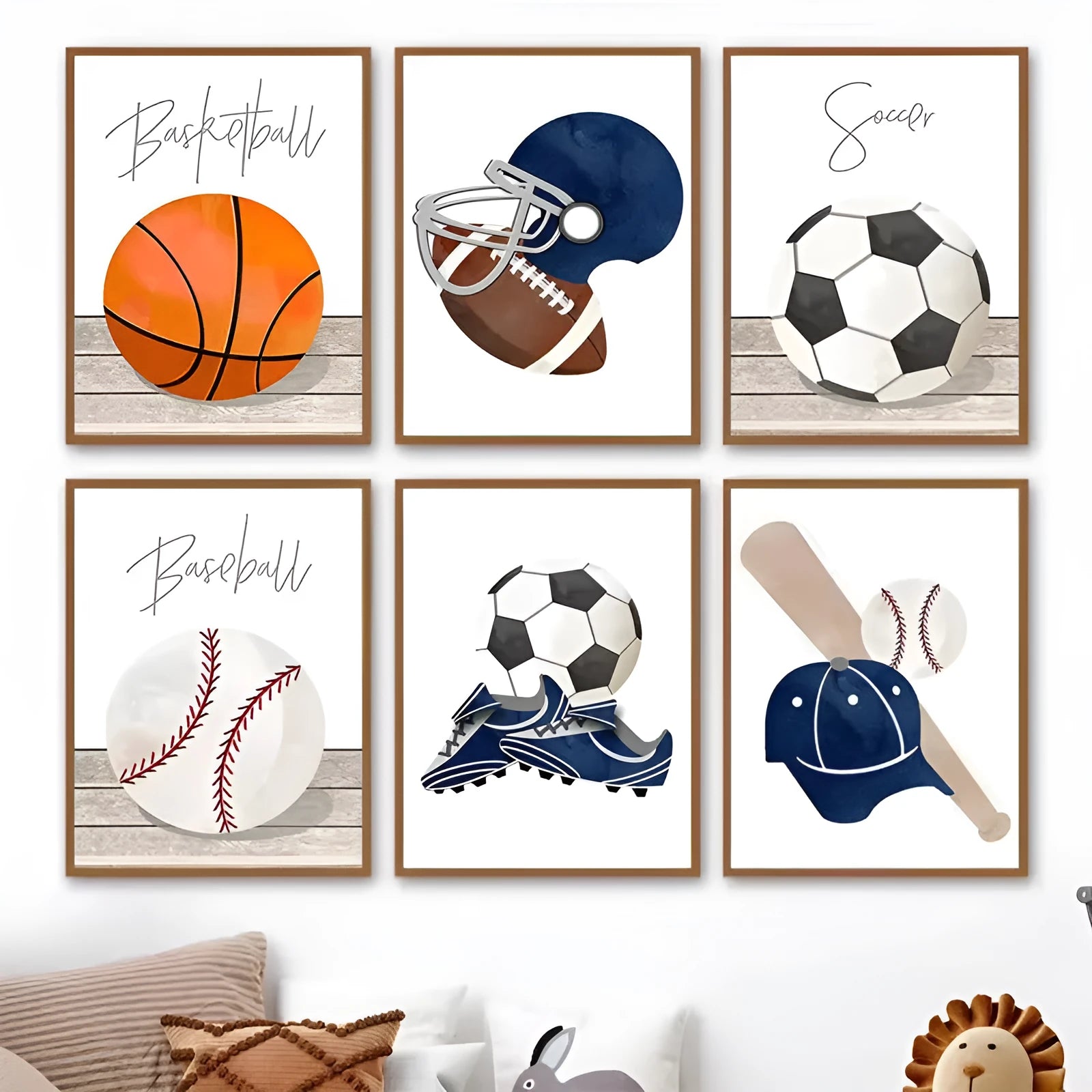 Cartoon illustration of football, basketball and baseball tools on a canvas wall poster for a child's bedroom.