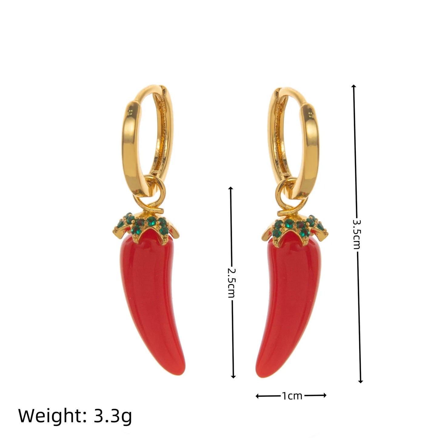 Gold plated copper earrings with detailed fruit and vegetable designs in seven colours.