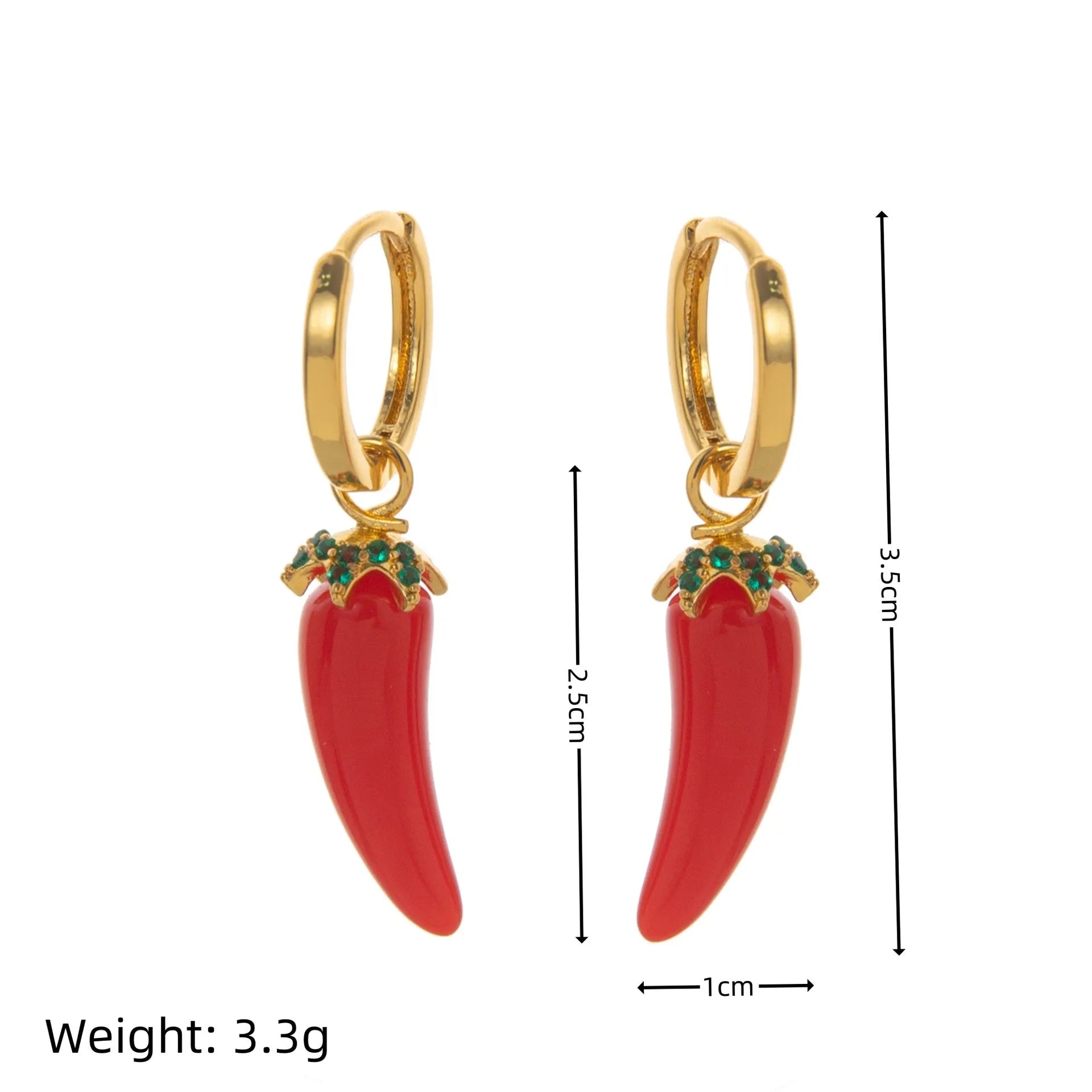 Gold plated copper earrings with detailed fruit and vegetable designs in seven colours.