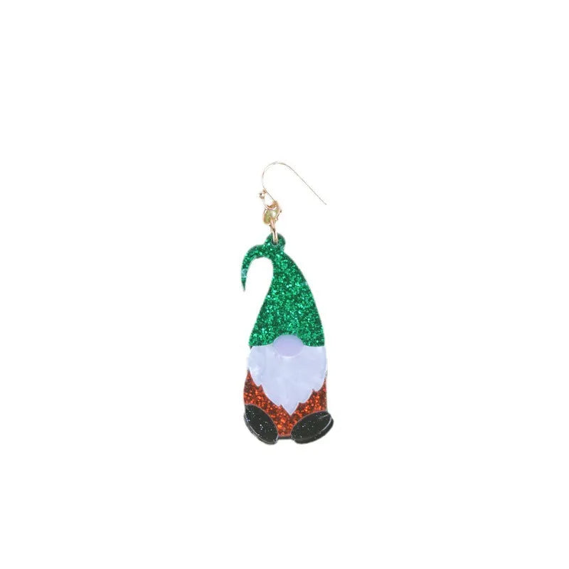 Acrylic Santa Claus cartoon character earrings in red, green, and red/green hat styles.