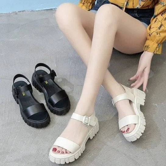 Women's beige peep toe ankle-strap sandals with buckle fastening and platform sole