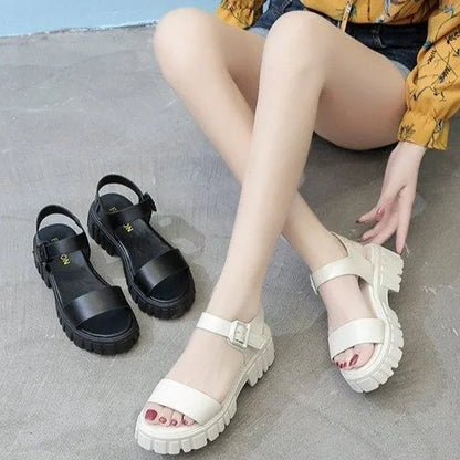 Women's beige peep toe ankle-strap sandals with buckle fastening and platform sole