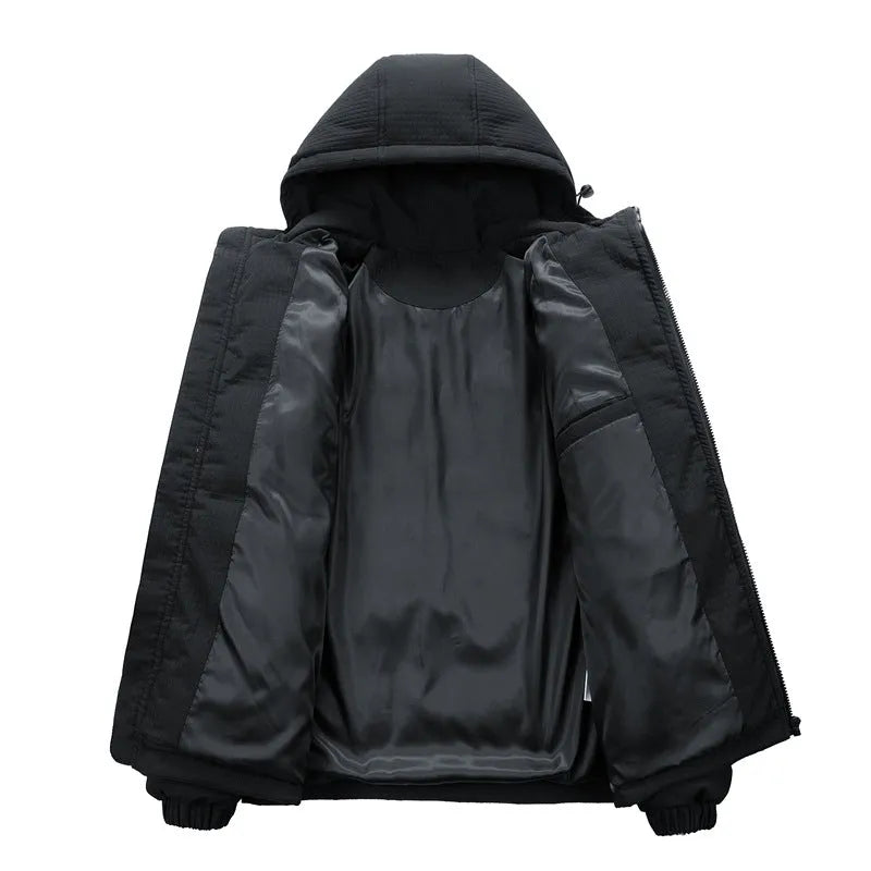 Men's black hooded Korean-style winter coat with letter print and side pockets.