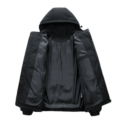 Men's black hooded Korean-style winter coat with letter print and side pockets.