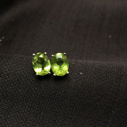 Natural grass green olivine stud earrings in S925 silver with geometric faceted 6×8mm stones