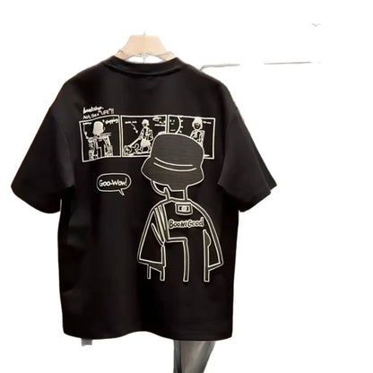 Men's black cotton short sleeve T-shirt featuring a cartoon print design on the front.