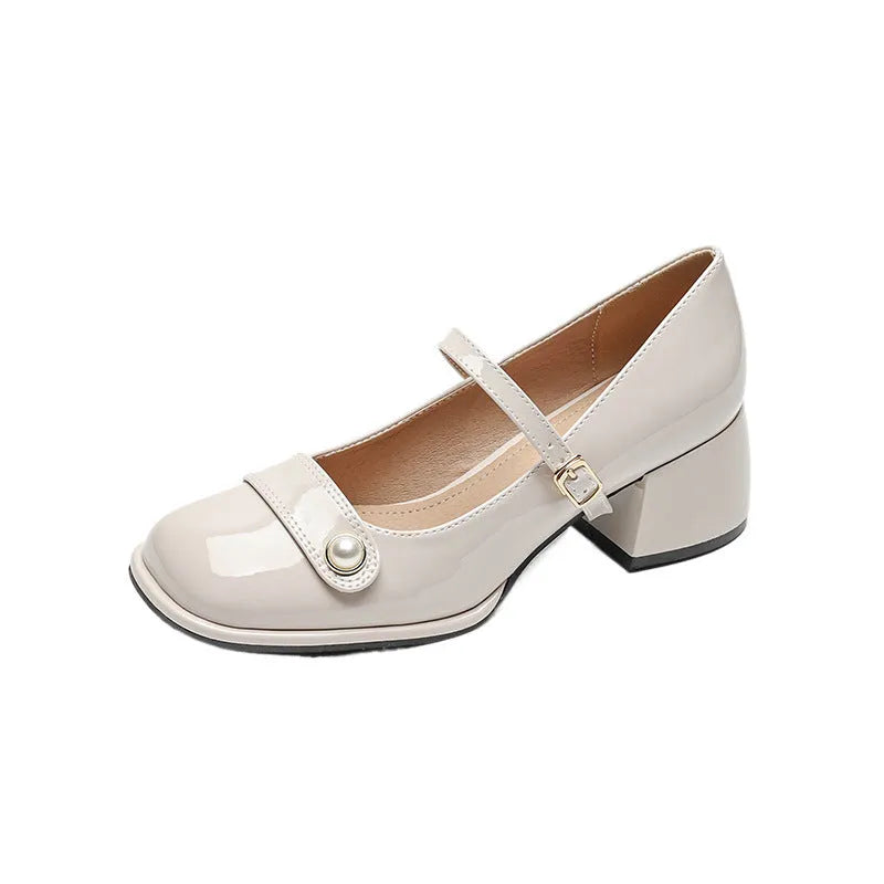 Women's patent leather chunky heel pumps with square toe and buckle fastening in three colour options