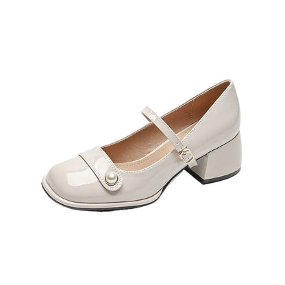 Women's patent leather chunky heel pumps with square toe and buckle fastening in three colour options