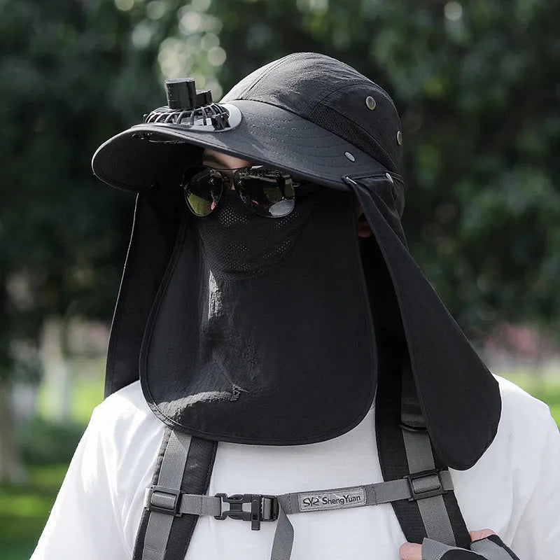 Men's khaki sun hat with built-in cooling fan and attached face covering neck shawl for outdoor protection.