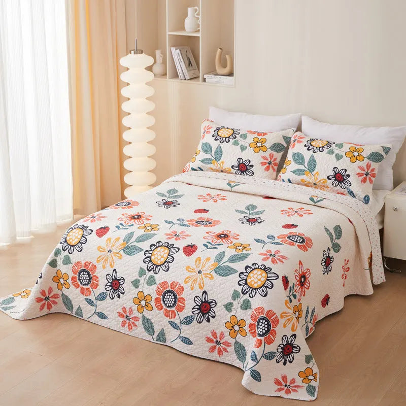 Pure cotton twill quilted bedspread three piece set with reactive printed floral pattern