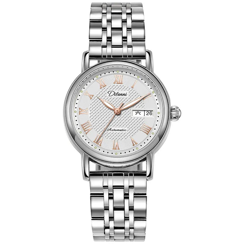 Women's mechanical automatic watch with 12mm thickness showing steel belt and leather strap options