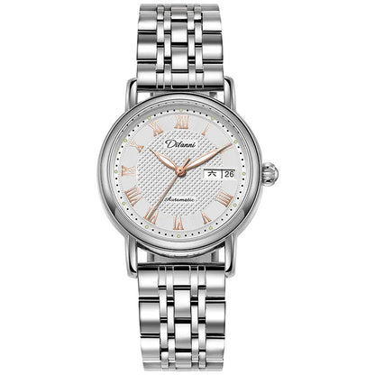 Women's mechanical automatic watch with 12mm thickness showing steel belt and leather strap options