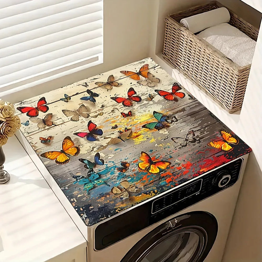 Square polyester washing machine mat with an abstract printed pattern, shown in one of eight available styles.