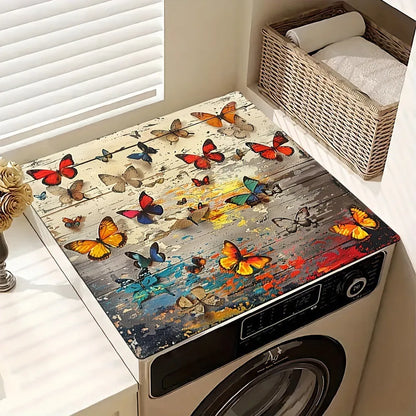 Square polyester washing machine mat with an abstract printed pattern, shown in one of eight available styles.