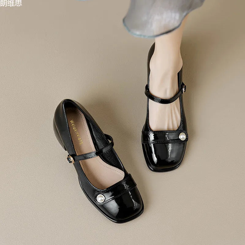 Women's patent leather chunky heel pumps with square toe and buckle fastening in three colour options