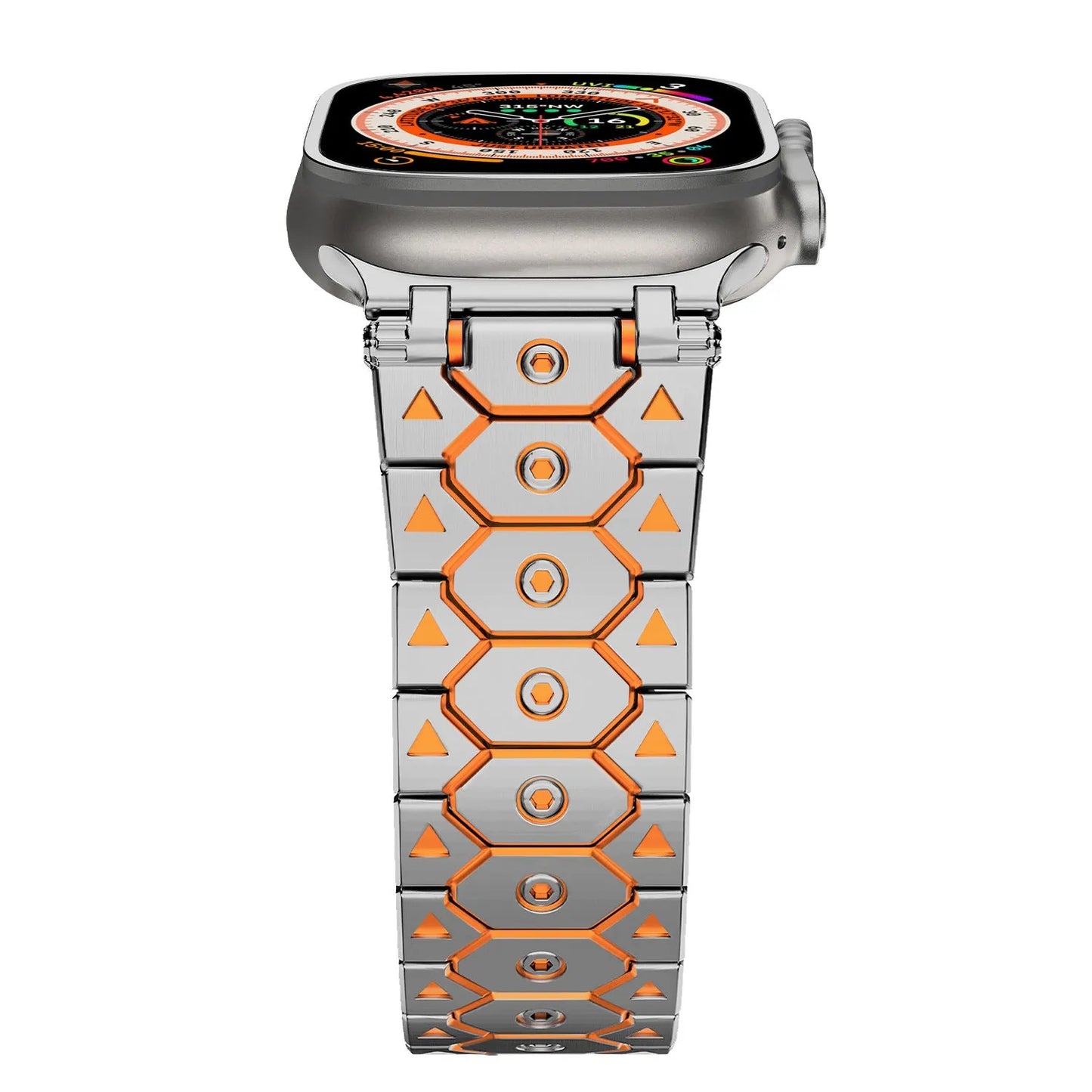 Stainless steel mesh watch strap shown in silver, compatible with iPhone watches, with adjustable clasp.
