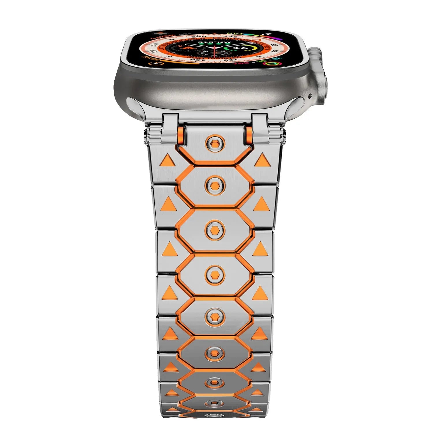 Stainless steel mesh watch strap shown in silver, compatible with iPhone watches, with adjustable clasp.